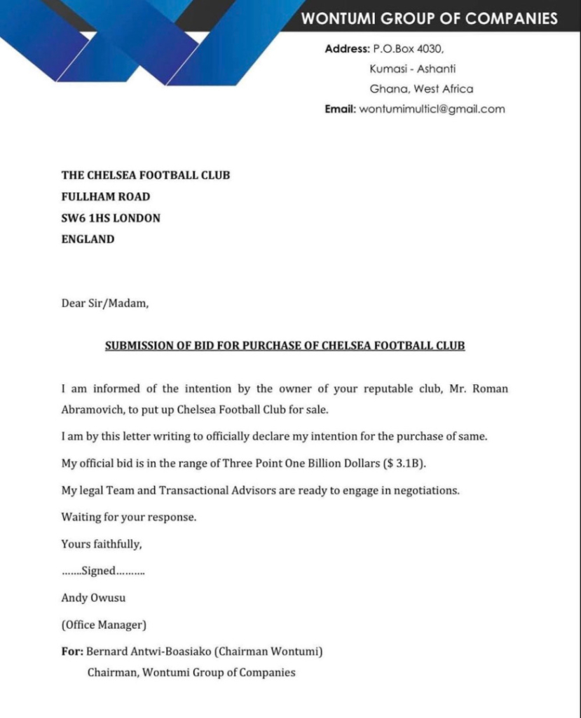 Chairman Wontumi submits $3.1b bid to purchase Chelsea Football Club Chairman Wontumi submits $3.1b bid to purchase Chelsea Football Club