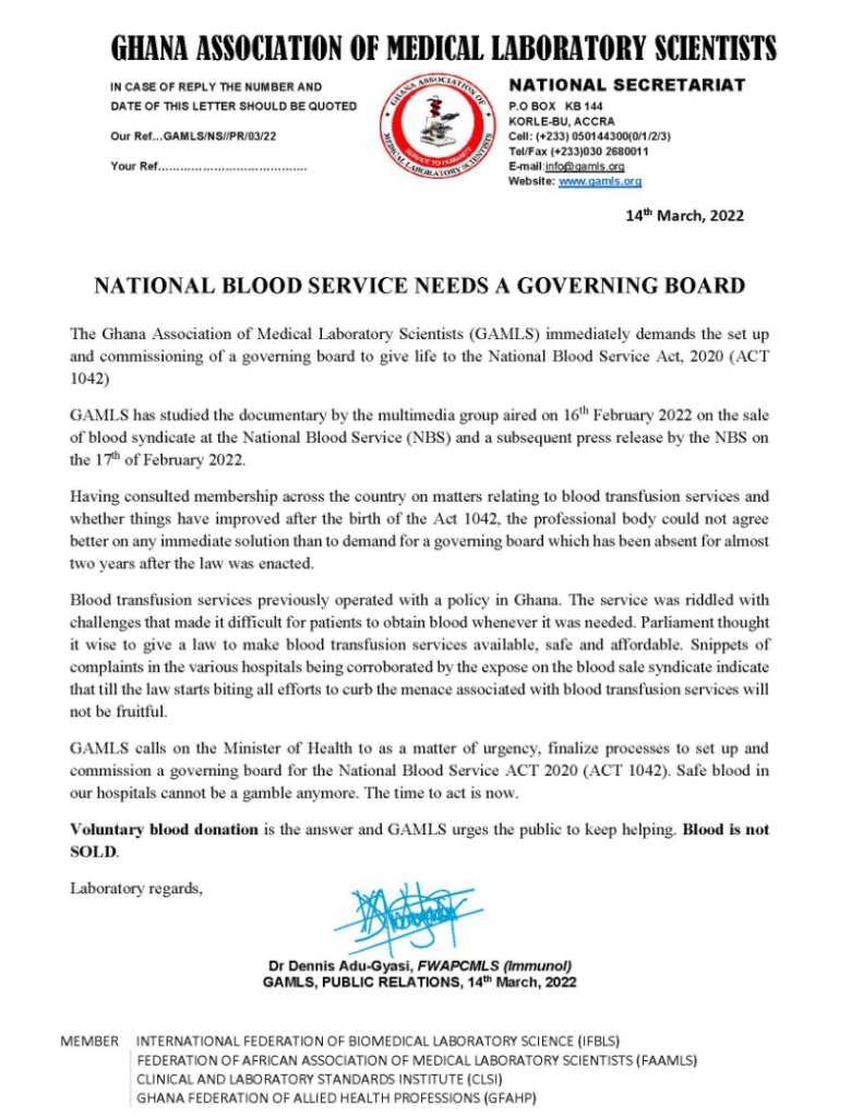 National Blood Service needs a governing board - GAMLS to Health Minister