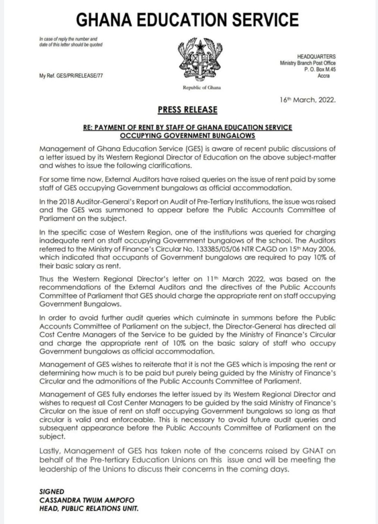 10% salary for rent: We are only abiding by recommendations of Auditor General, PAC - GES 10% salary for rent: We are only abiding by recommendations of Auditor General, PAC - GES