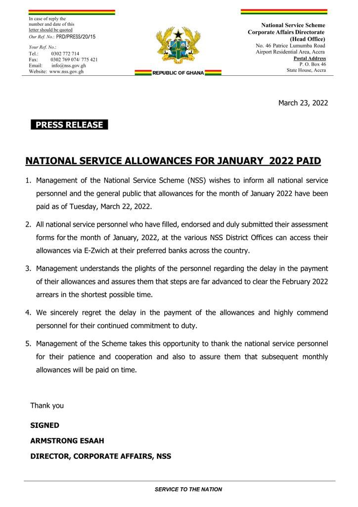 January allowance for NSS personnel paid