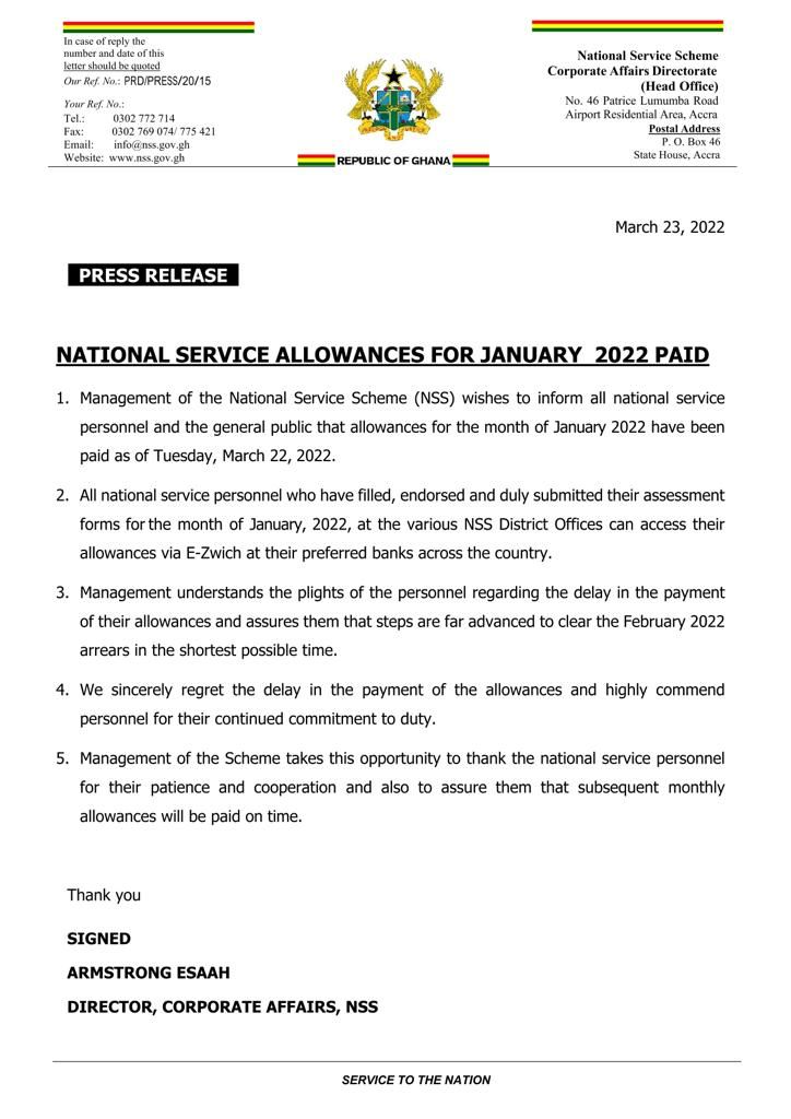 January allowance for NSS personnel paid January allowance for NSS personnel paid