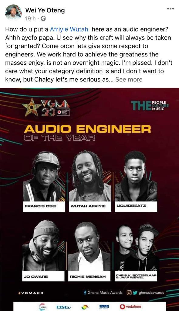 Let's give some respect to sound engineers - Wei Ye Oteng jabs VGMA on 'Audio Engineer of The Year' category