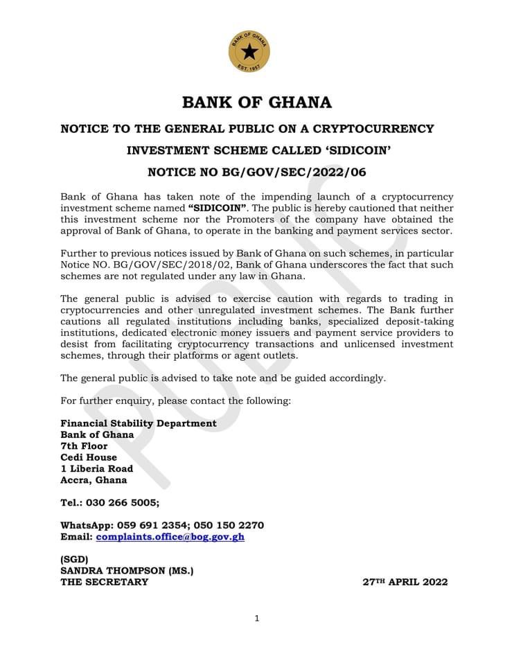 Be careful about 'Sidicoin' cryptocurrency investment - Bank of Ghana warns Ghanaians