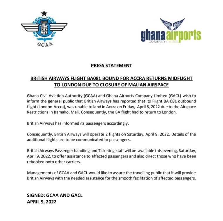 British Airways flight bound for Accra returns to London over Malian airspace closure British Airways flight bound for Accra returns to London over Malian airspace closure