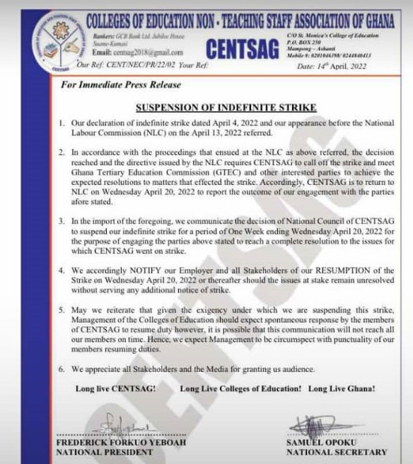 CENTSAG suspends strike; threatens to resume if demands are not met