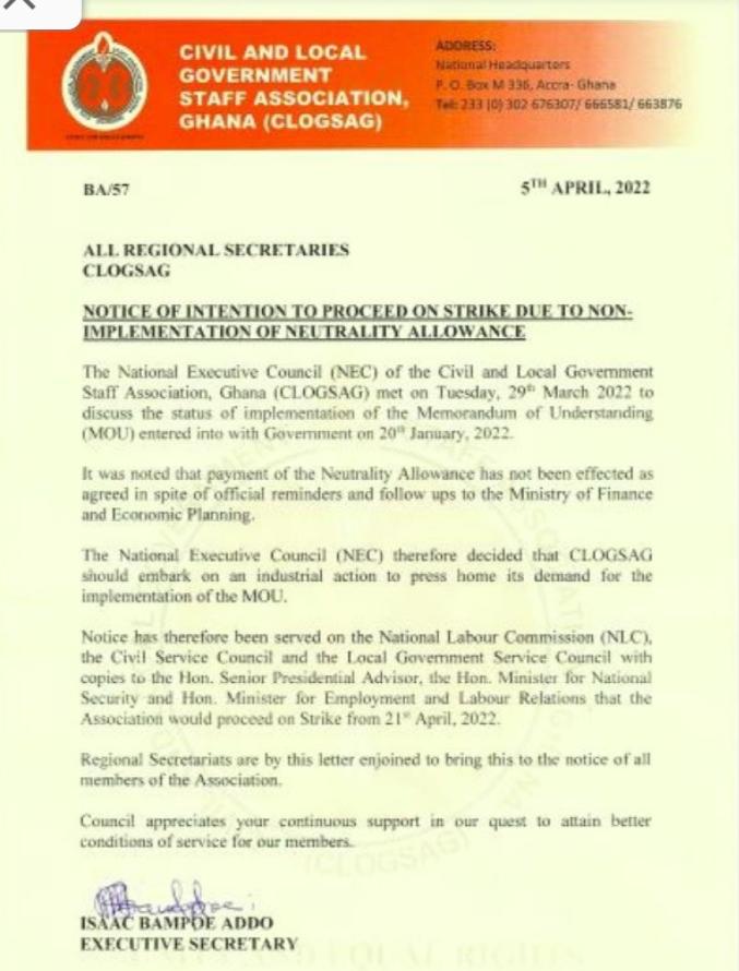 CLOGSAG to embark on nationwide strike from April 21 over non-implementation of neutrality allowance CLOGSAG to embark on nationwide strike from April 21 over non-implementation of neutrality allowance