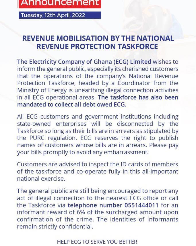 ECG warns defaulters including government institutions of disconnection
