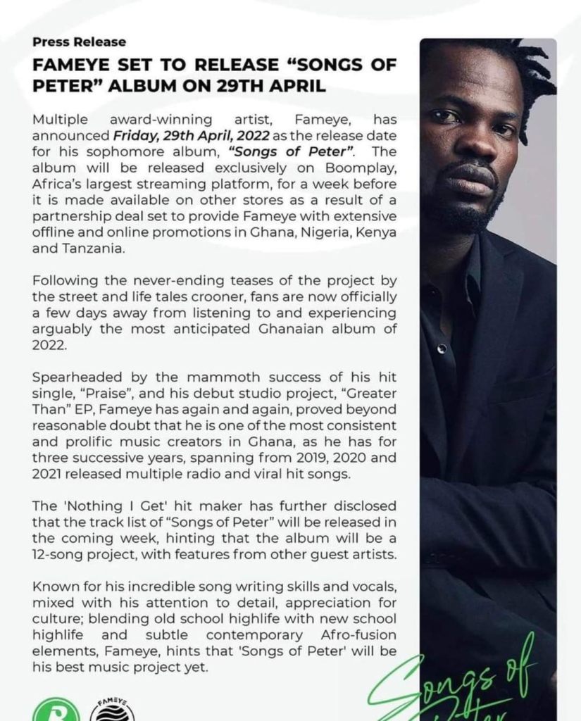 Fameye to release 'Songs of Peter' album on April 29