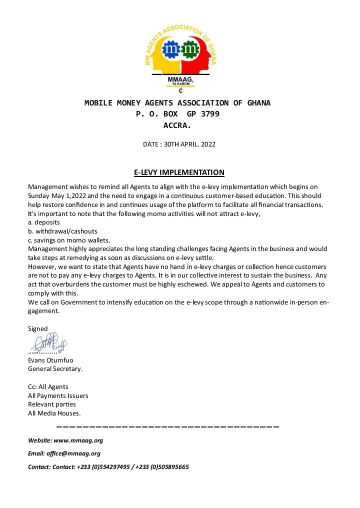 Comply with implementation of E-levy - Mobile Money Agents Association tells members Comply with implementation of E-levy - Mobile Money Agents Association tells members