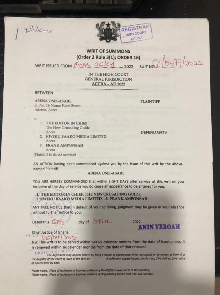 Deputy Finance Minister sues Kwaku Baako Jr., New Crusading Guide and one other Deputy Finance Minister sues Kwaku Baako Jr., New Crusading Guide and one other