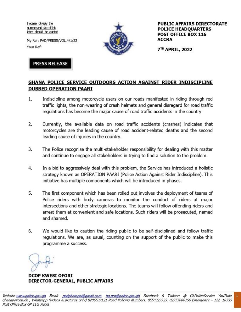 Ghana Police introduces ‘Operation PAARI’ to deal with rider indiscipline