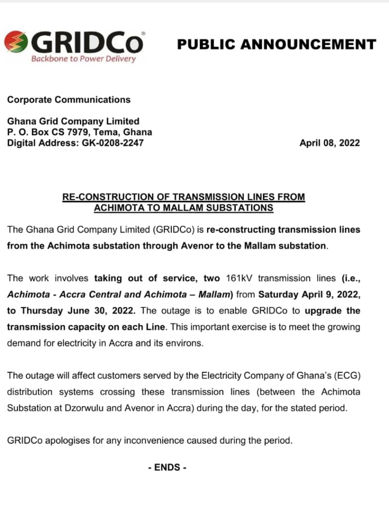 GRIDCo to reconstruct transmission lines from Achimota to Mallam substations