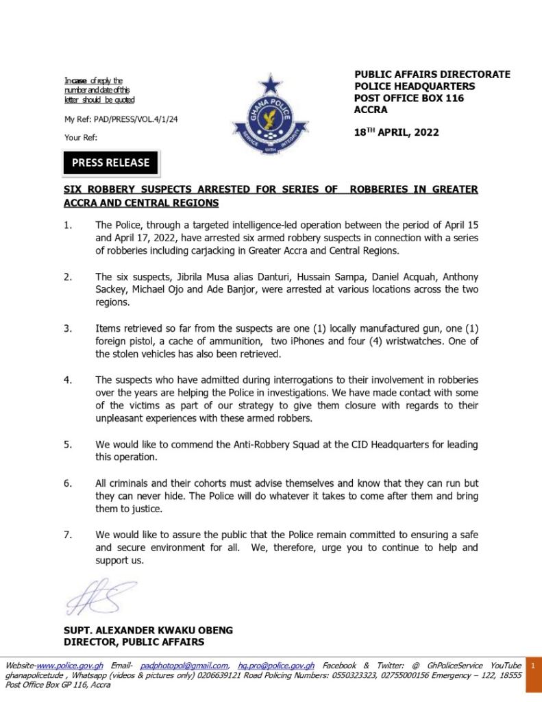 Police arrest 6 robbery suspects in Greater Accra and Central Regions Police arrest 6 robbery suspects in Greater Accra and Central Regions