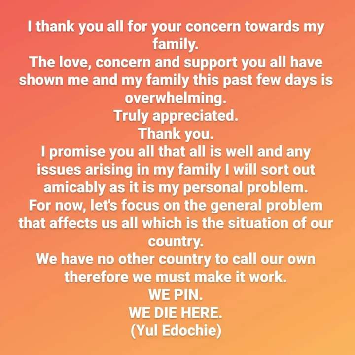 Let's focus on Nigeria's problems; I'll sort out my family issues amicably- Yul Edochie Let's focus on Nigeria's problems; I'll sort out my family issues amicably- Yul Edochie