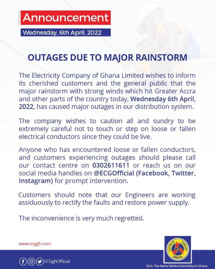 ECG blames Wednesday's power outages on rainstorm ECG blames Wednesday's power outages on rainstorm