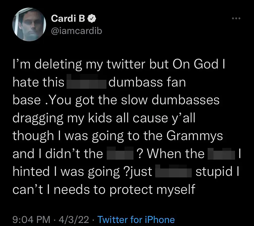 Cardi B deletes Twitter after backlash for not attending Grammys 2022