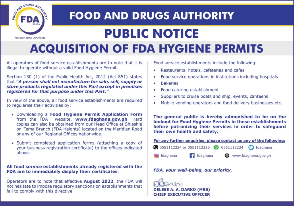 It is illegal to operate without valid Food Hygiene Permit - FDA warns eateries