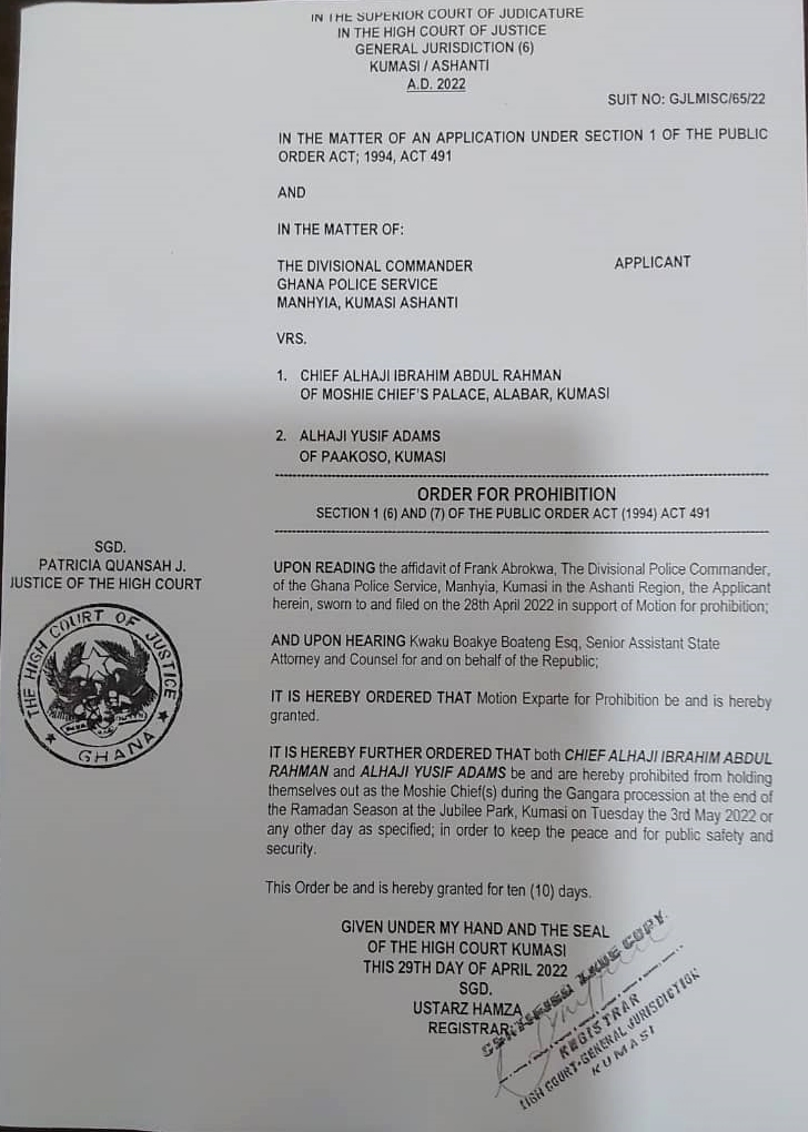 Police secure restraining order against two feuding Moshie Chiefs over Gangara Celebration Police secure restraining order against two feuding Moshie Chiefs over Gangara Celebration