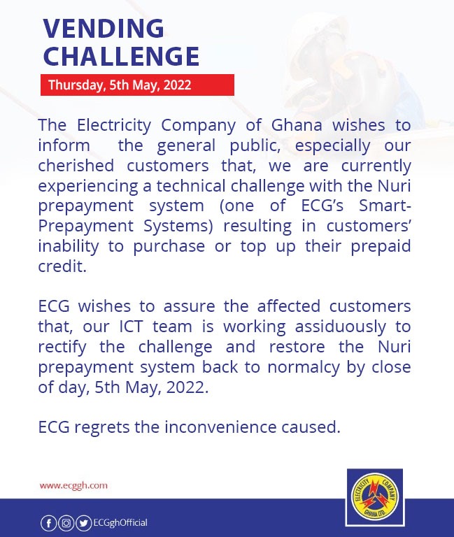 Prepayment challenge: ECG assures customers technical issue will be resolved by end of May 5th