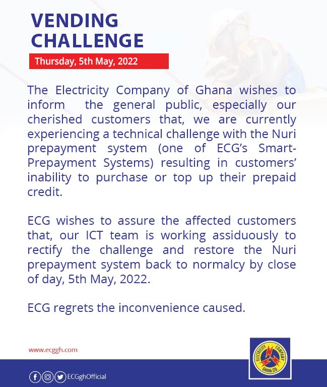 We're working to resolve prepayment challenges by close of business today - ECG