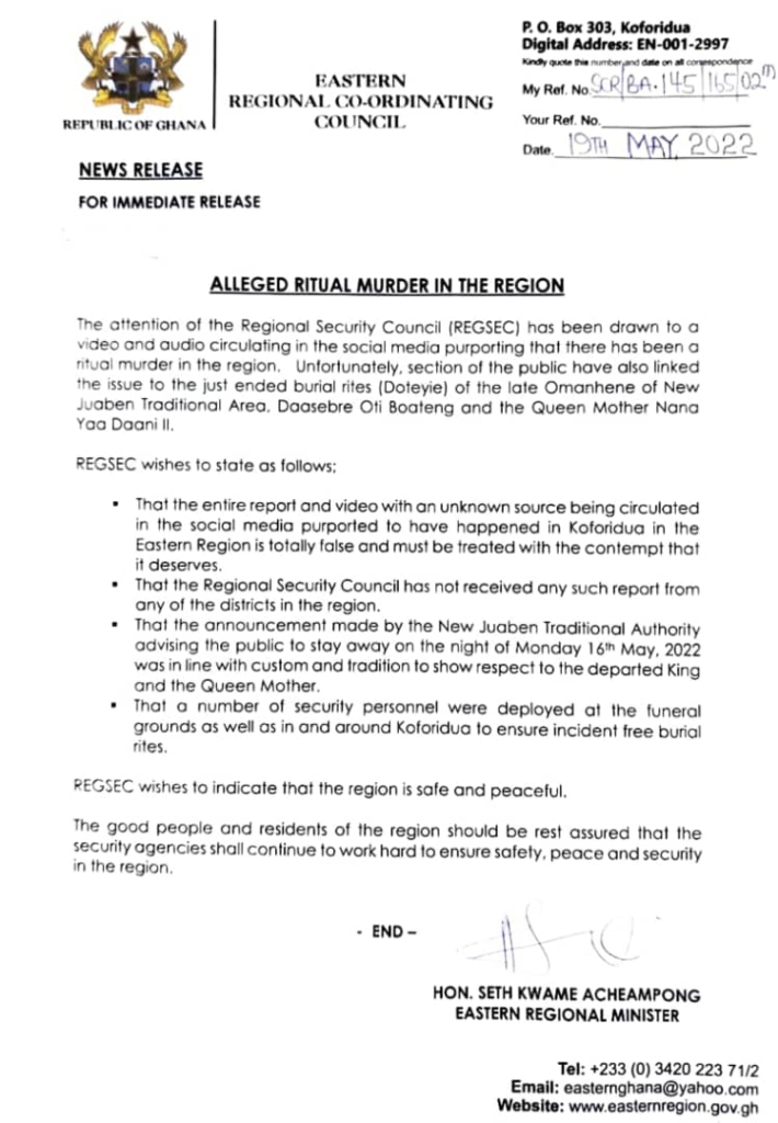 Eastern Regional Security Council disclaims video on alleged ritual murder Eastern Regional Security Council disclaims video on alleged ritual murder