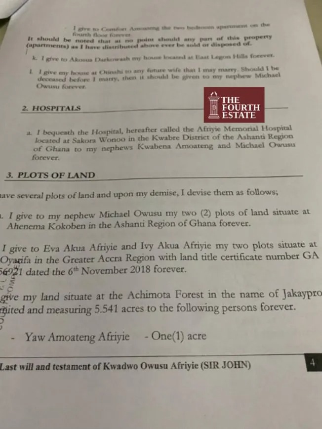 Full details: Achimota Forest lands, gold businesses and guns in Sir John’s will