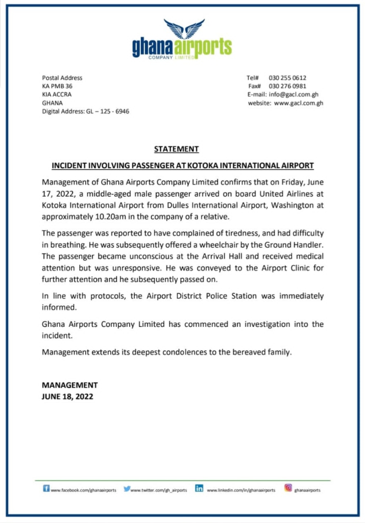GACL confirms death of male passenger who arrived from the US on Friday