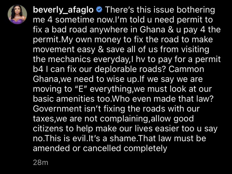 This is evil; It’s a shame - Actress Beverly Afaglo on requirement for permit to fix bad roads This is evil; It’s a shame - Actress Beverly Afaglo on requirement for permit to fix bad roads