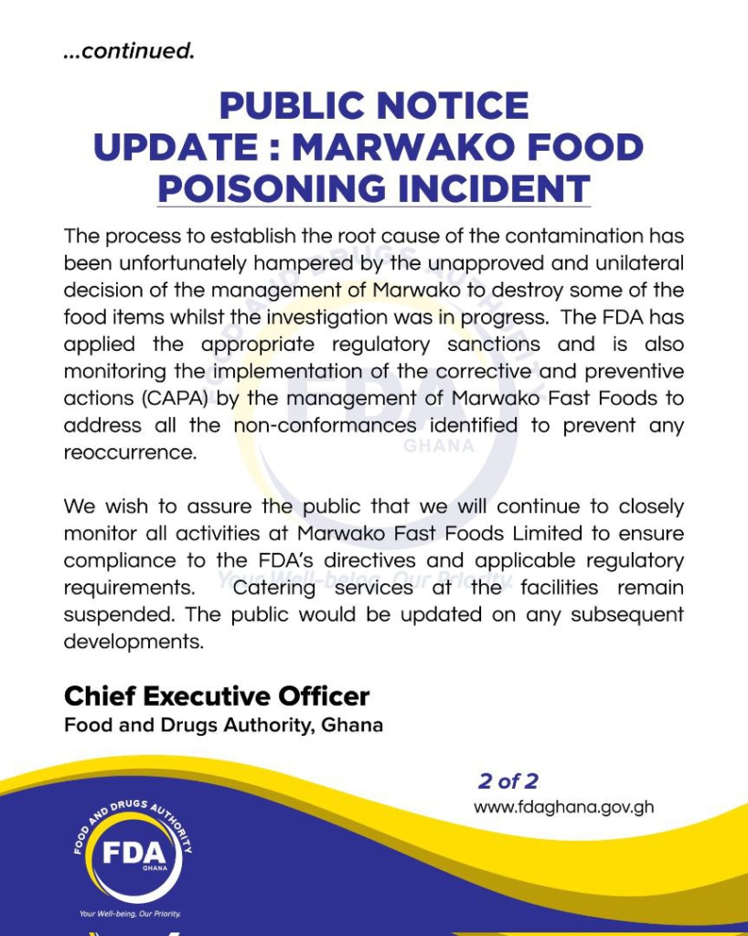 FDA fined us ¢750k over food poisoning claims - Marwako Fast Food