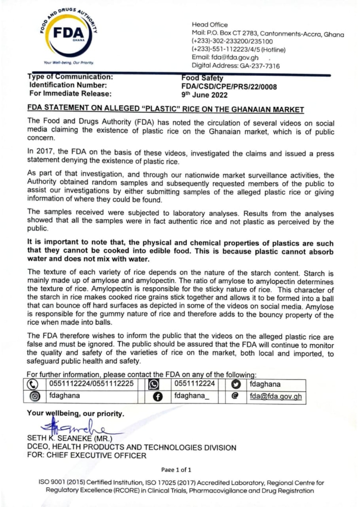 Disregard videos on alleged plastic rice, they are false - FDA Disregard videos on alleged plastic rice, they are false - FDA
