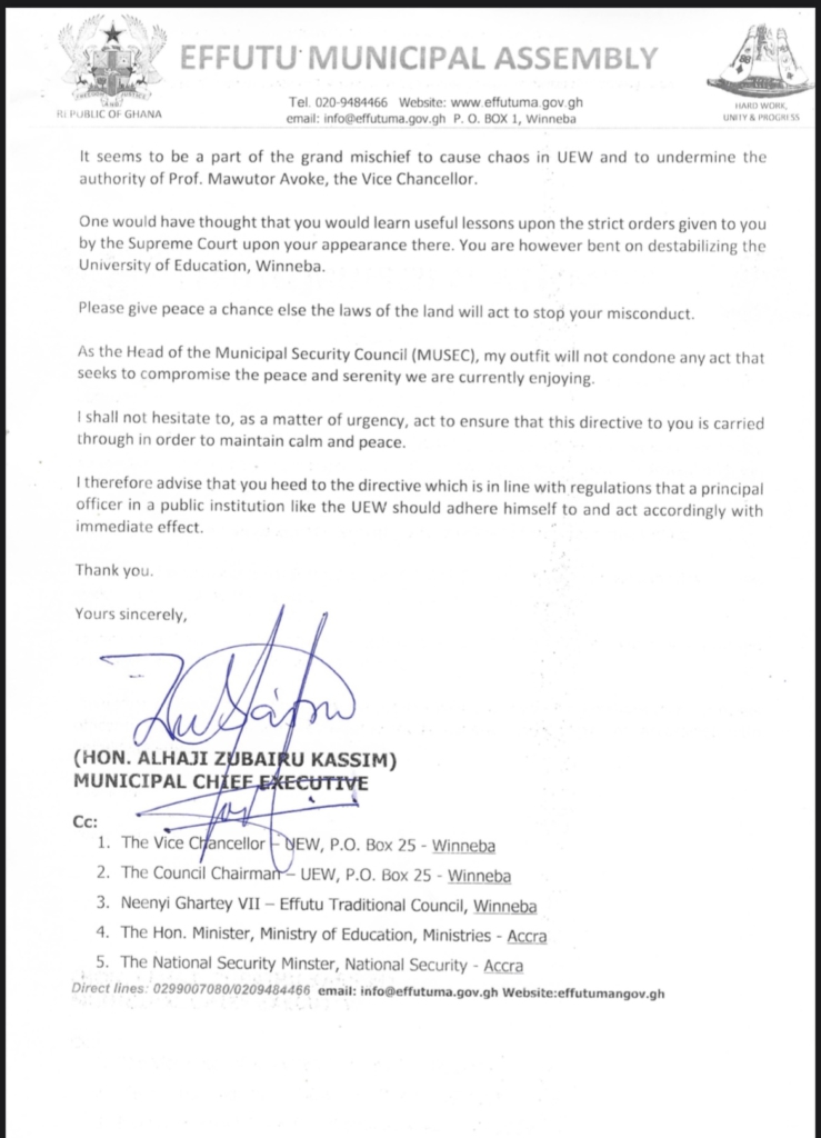 Effutu Municipal Assembly prevails on UEW Registrar to go on leave to maintain peace and order Effutu Municipal Assembly prevails on UEW Registrar to go on leave to maintain peace and order