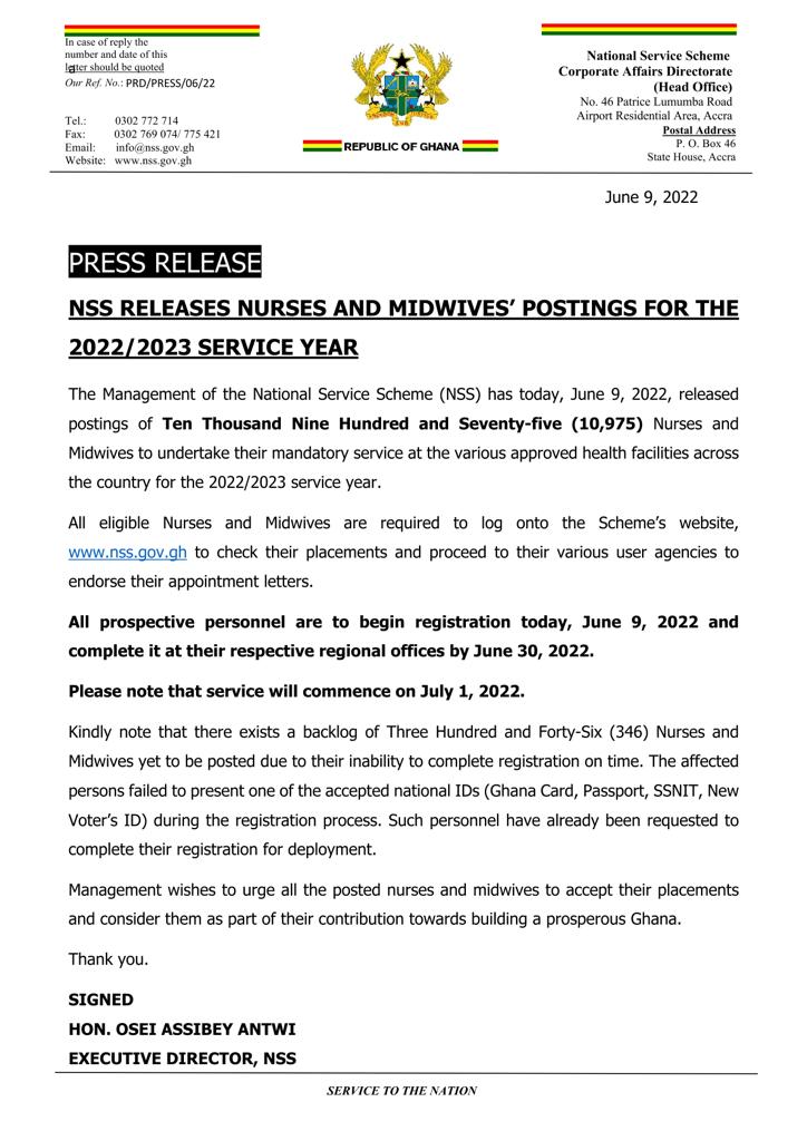 NSS releases postings of 10,975 nurses and midwives for 2022/2023 service year