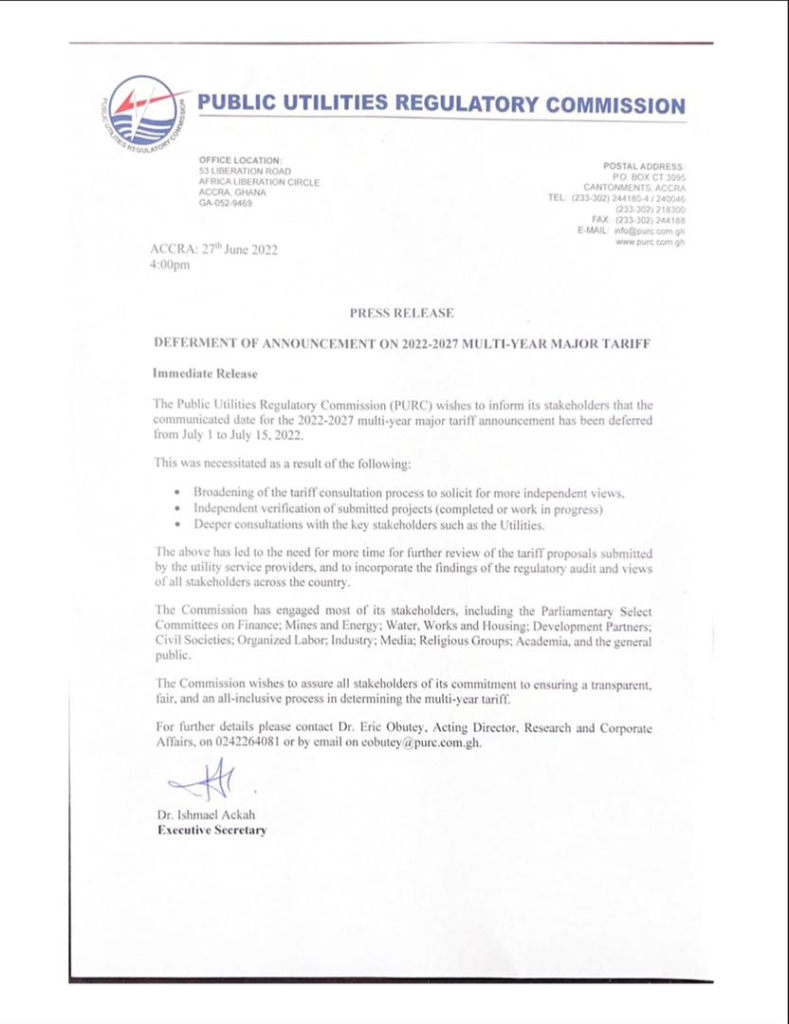 Announcement of new utility tariffs moved to July 15 - PURC Announcement of new utility tariffs moved to July 15 - PURC