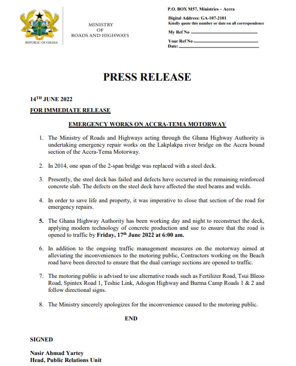 We will ensure Tema motorway is opened to traffic on Friday - Roads Ministry