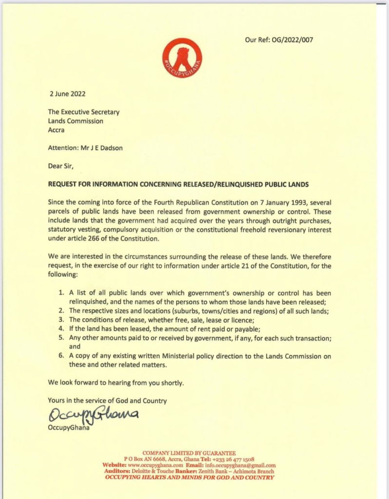 OccupyGhana requests information on all released public lands from Lands Commission OccupyGhana requests information on all released public lands from Lands Commission