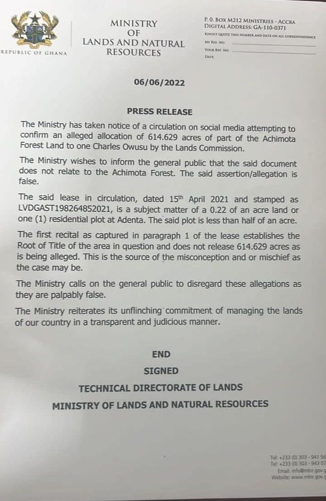 Disregard publications on release of Achimota lands to Charles Owusu – Lands Ministry