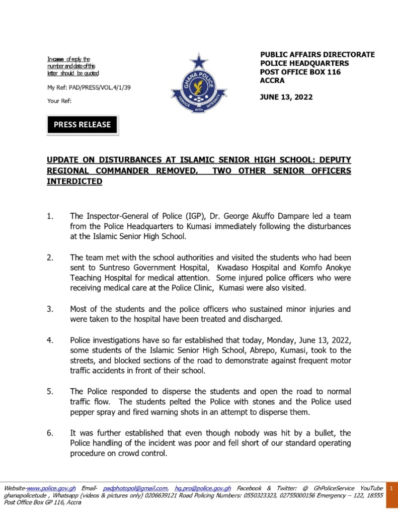 Kumasi Islamic SHS: Top regional officer removed, 2 others interdicted as Police admits poor tactic Kumasi Islamic SHS: Top regional officer removed, 2 others interdicted as Police admits poor tactic