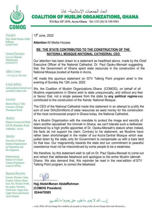 Government didn't give a single pesewa for construction of Kanda National Mosque - Coalition of Muslim Organisations