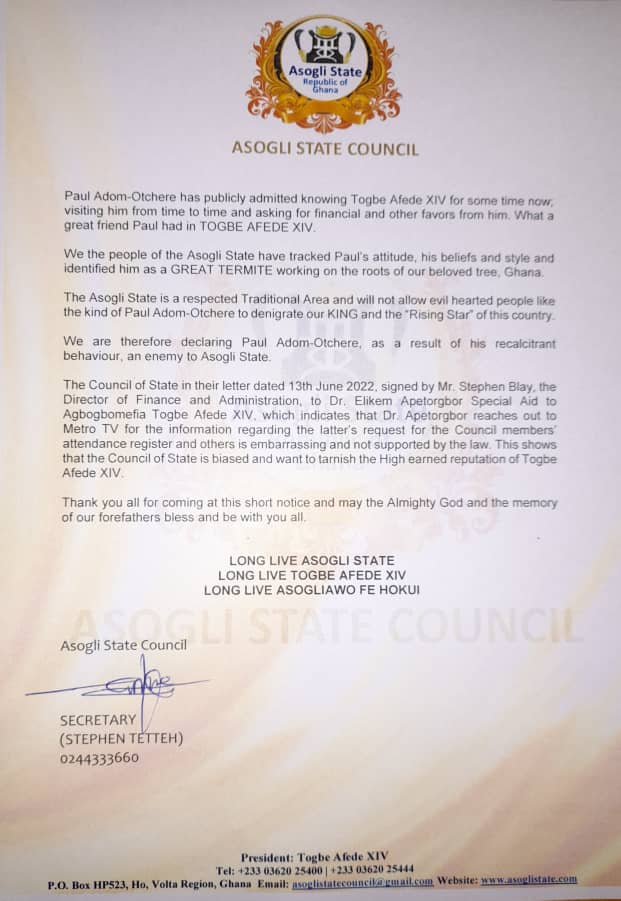 Paul Adom-Otchere is a 'great termite'; we declare him an enemy - Asogli State Council