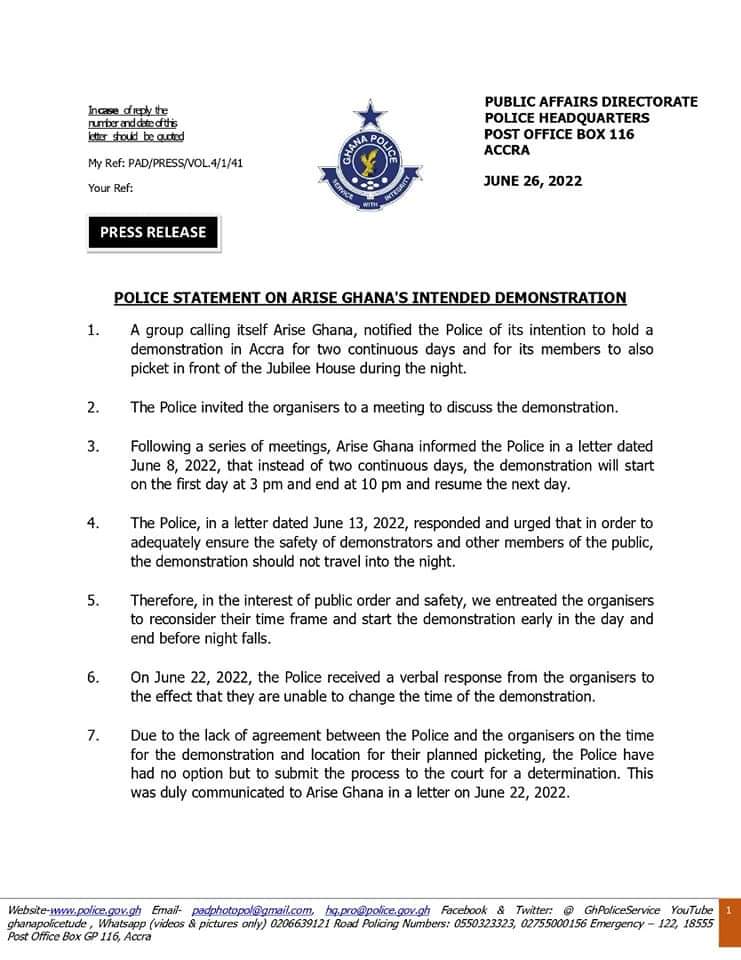Police seeks court ruling on time and location of Arise Ghana protest