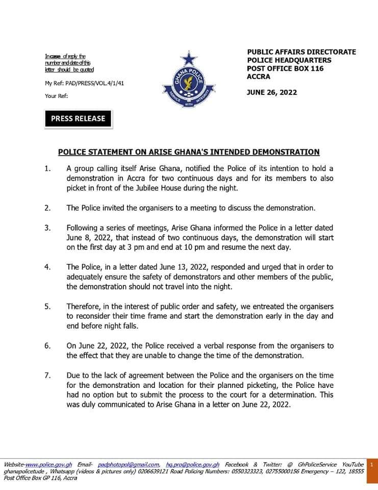 Police seeks court ruling on time and location of Arise Ghana protest Police seeks court ruling on time and location of Arise Ghana protest