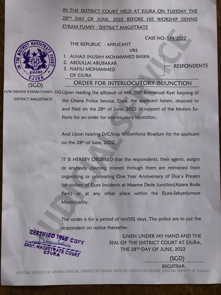 Court places injunction on first Islamic anniversary of Ejura shooting victims Court places injunction on first Islamic anniversary of Ejura shooting victims