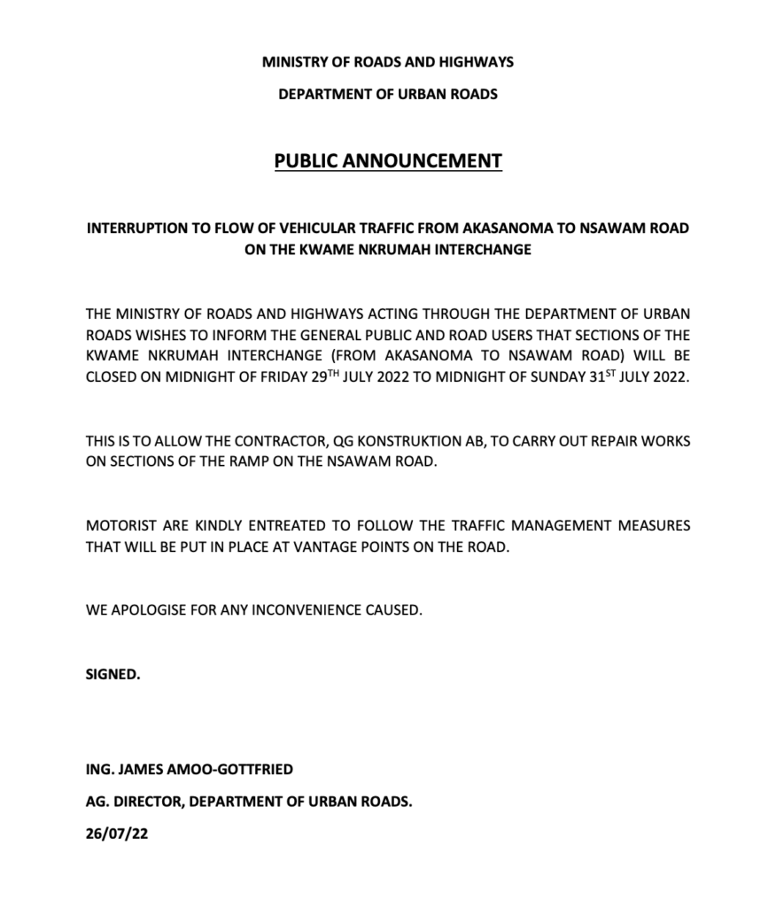 Section of Kwame Nkrumah Interchange to be closed on Friday night Section of Kwame Nkrumah Interchange to be closed on Friday night
