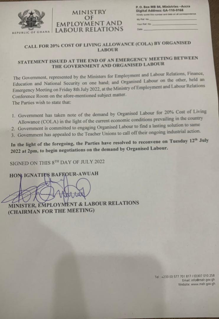 COLA Strike: Government to meet organised labour for further negotiations on July 12 COLA Strike: Government to meet organised labour for further negotiations on July 12