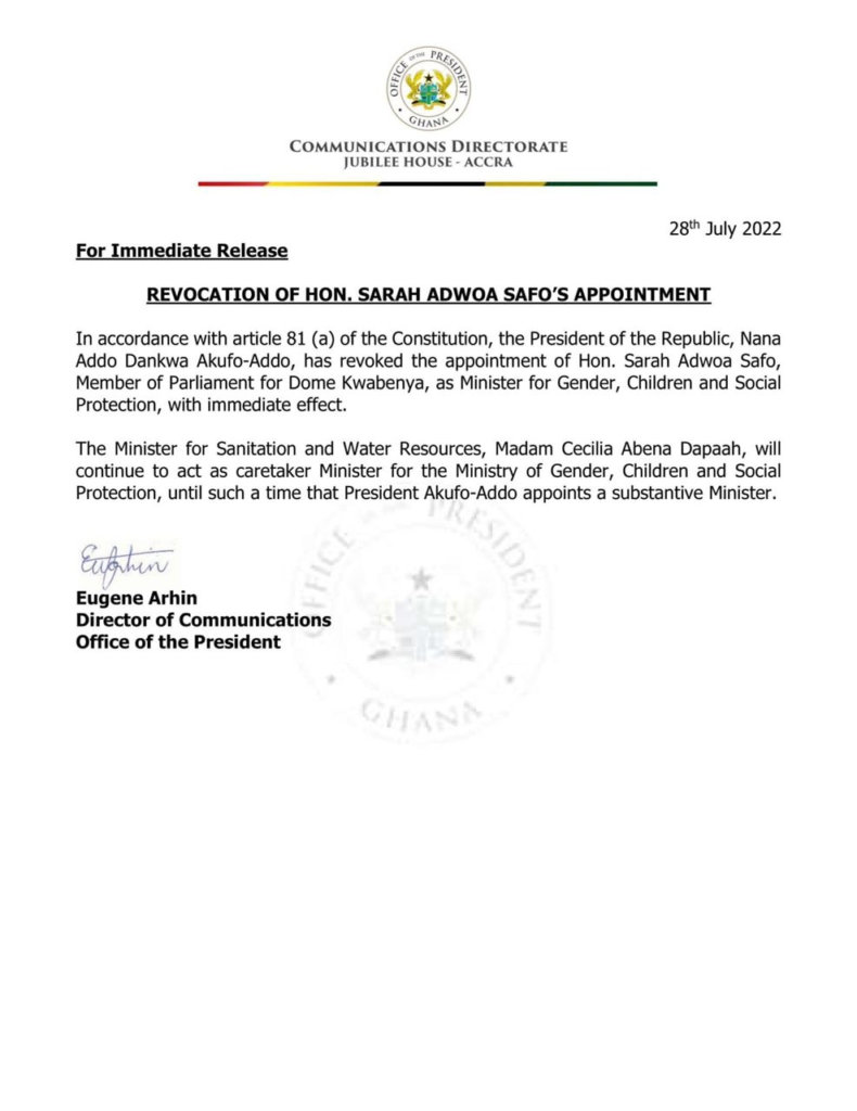 Akufo-Addo sacks Adwoa Safo as Gender Minister