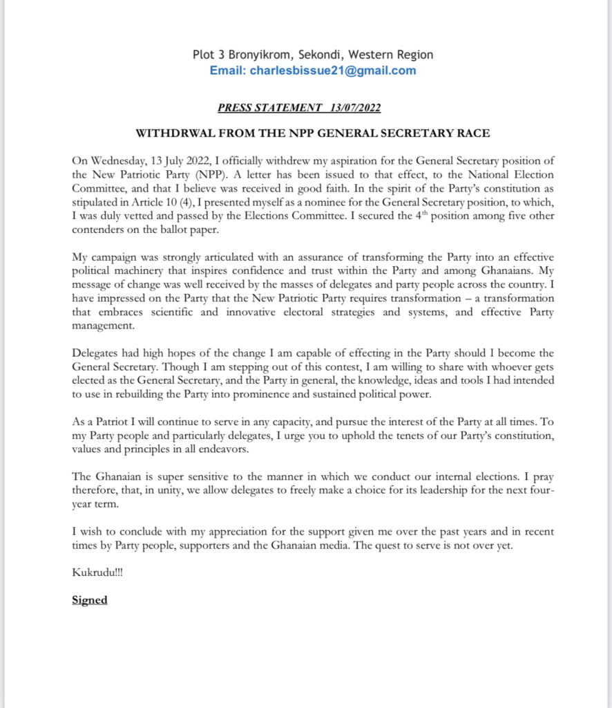 Charles Bissue pulls out of NPP’s General Secretary race 3 days to polls