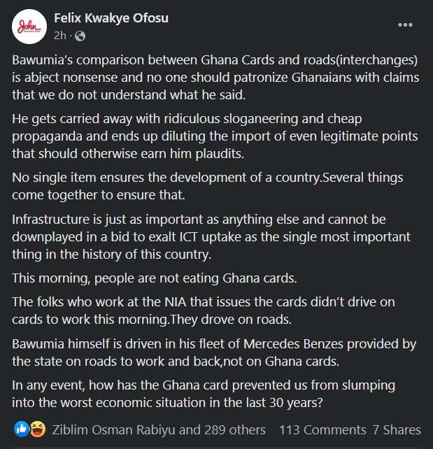'Bawumia’s comparison between Ghana Cards and interchanges is abject nonsense' - Felix Kwakye Ofosu