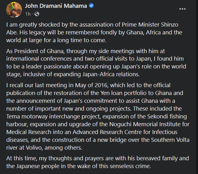 I'm shocked by assassination of former Japanese Prime Minister - Mahama I'm shocked by assassination of former Japanese Prime Minister - Mahama