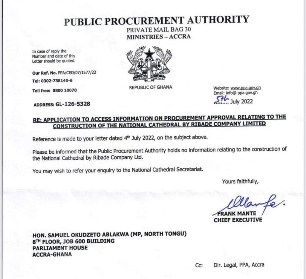 We have no information on construction of National Cathedral - Public Procurement Authority
