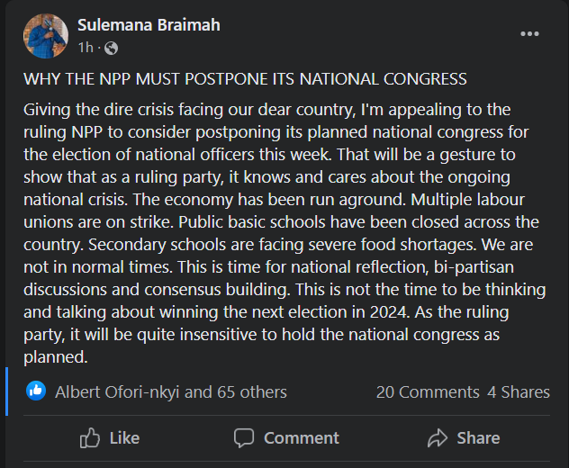'It will be quite insensitive to hold national congress as planned' - Sulemana Braimah to NPP 'It will be quite insensitive to hold national congress as planned' - Sulemana Braimah to NPP